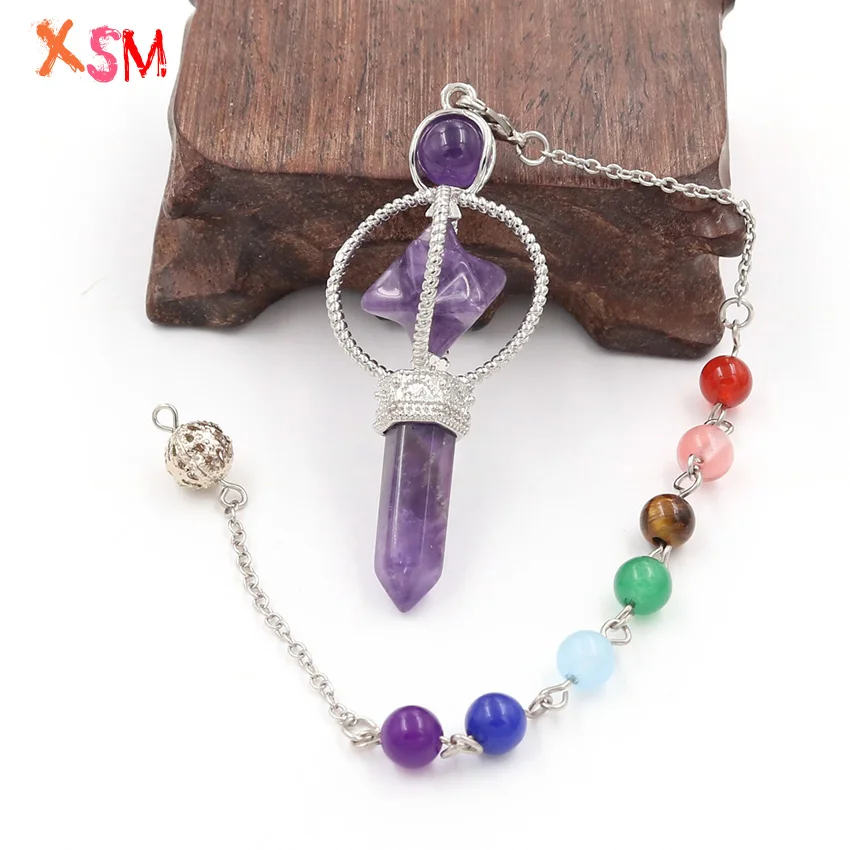 XSM 62*23mm Sceptre Pendants Natural Stone Crystal Pencil  7 Chakra Chain Merkaba Pendulum Dowsing Reiki Healing Jewelry 1 Pcs