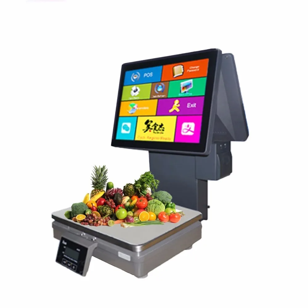 

fruit shop 15kg Electronic price scale with dual 15 inch resistive touch screen LED Display built-in 58mm thermal Printer