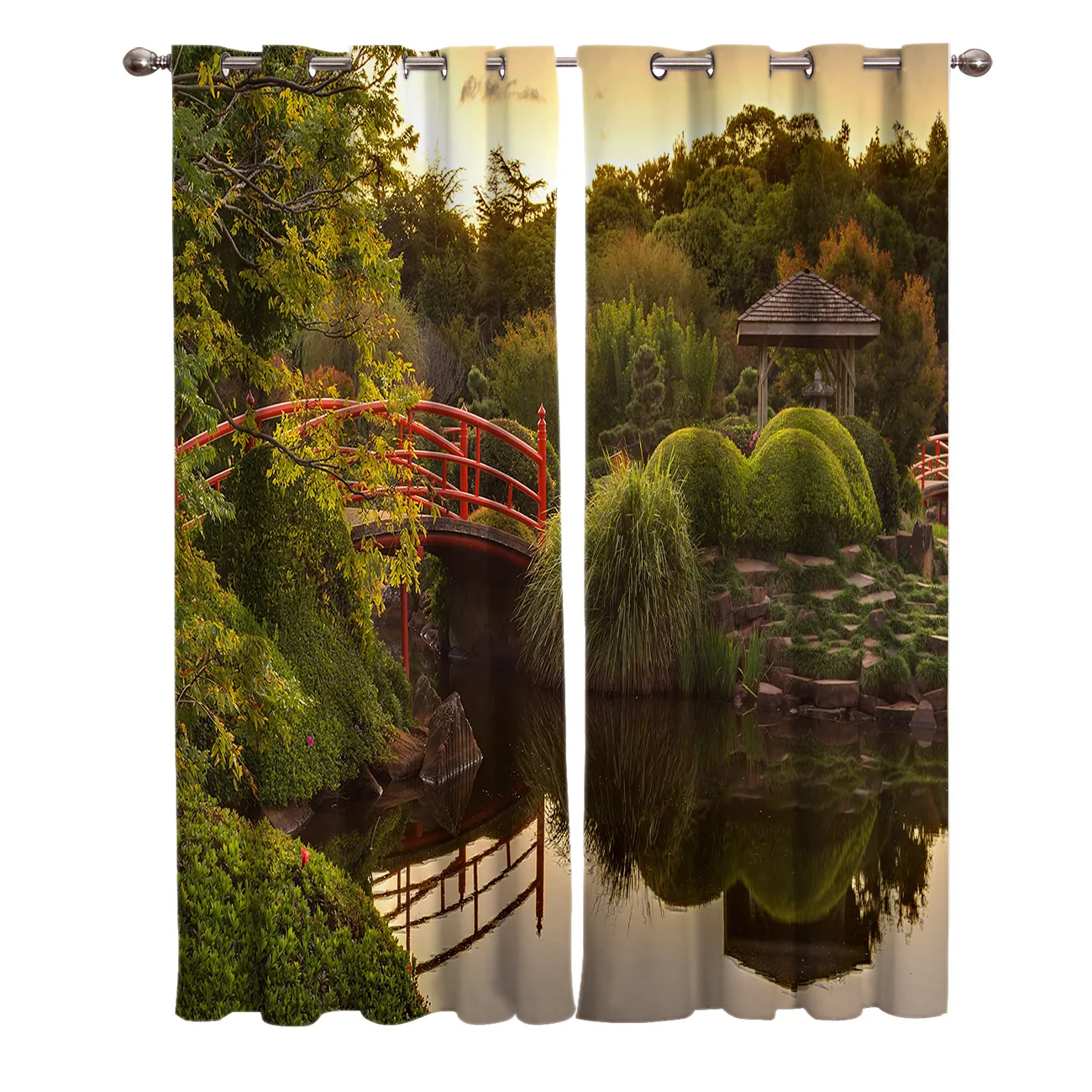 Curtains Twilight Time Scenery Quiet Pond Pavilion Tree Bridge Window Curtain Living Room Bedroom Home Decor Window Treatment