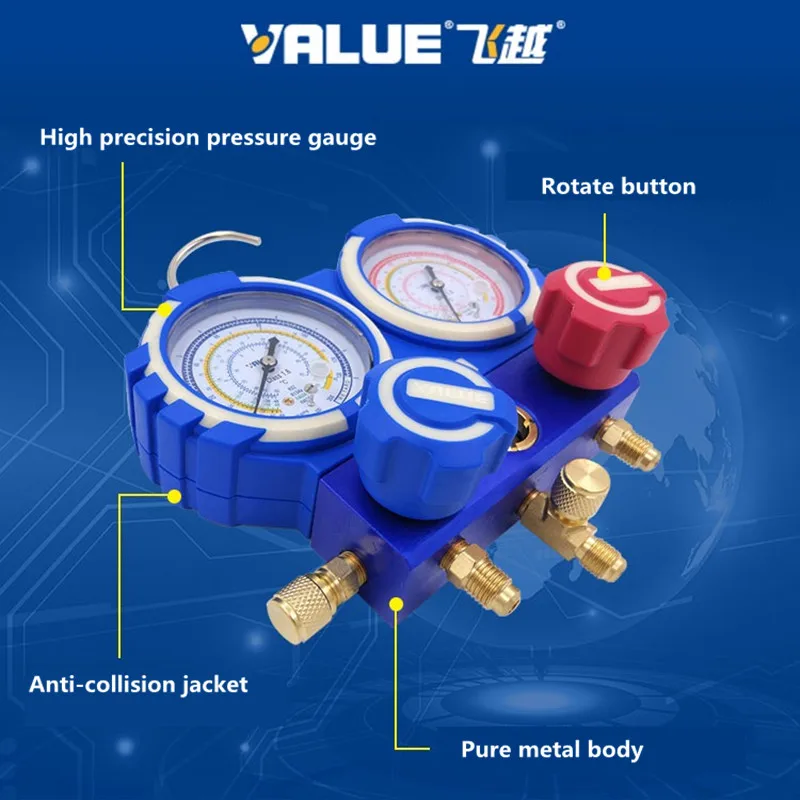 R22 R410A R134A Prevent Collision Air-Conditioning Fluorine Meter Refrigerant Pressure Dual table Gauge With 3pcs Liquid Pipe