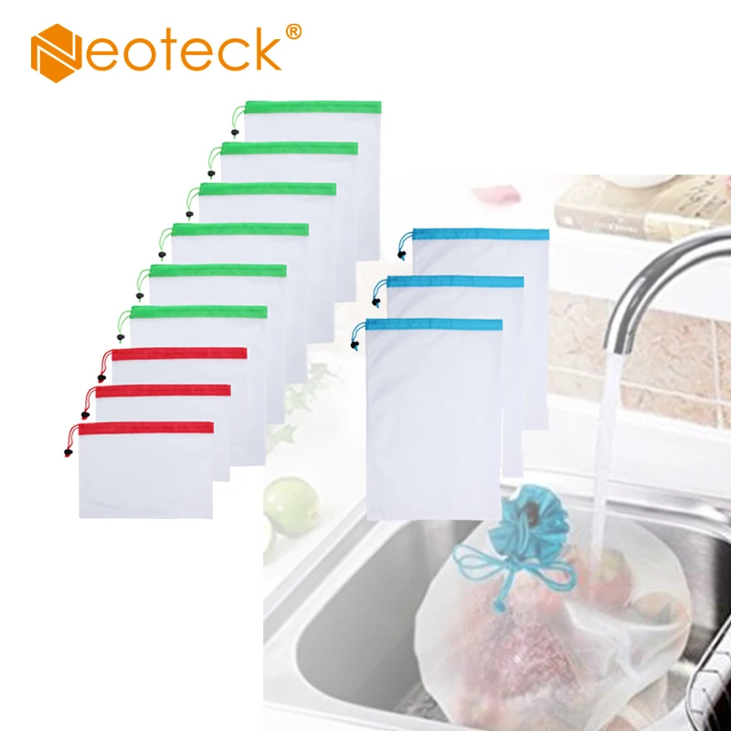 Neoteck 12pcs Reusable Washable Produce Mesh Bags Vegetable Fruit Toy Storage Pouch For Home Kitchen Vegetable Bags