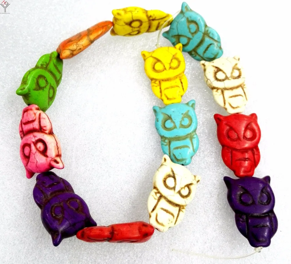 Total 13 pcs beads 32x20mm carved owl animal Bright Multi-color mixed howlite stone Loose Beads