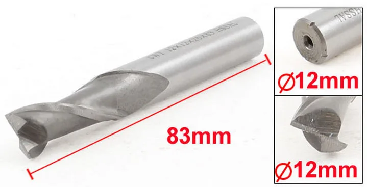 HHS-AL Straight Shank 2 Flutes End Mill Milling Cutter 12mm x 12mm x 26mm x 83mm 2 Pcs