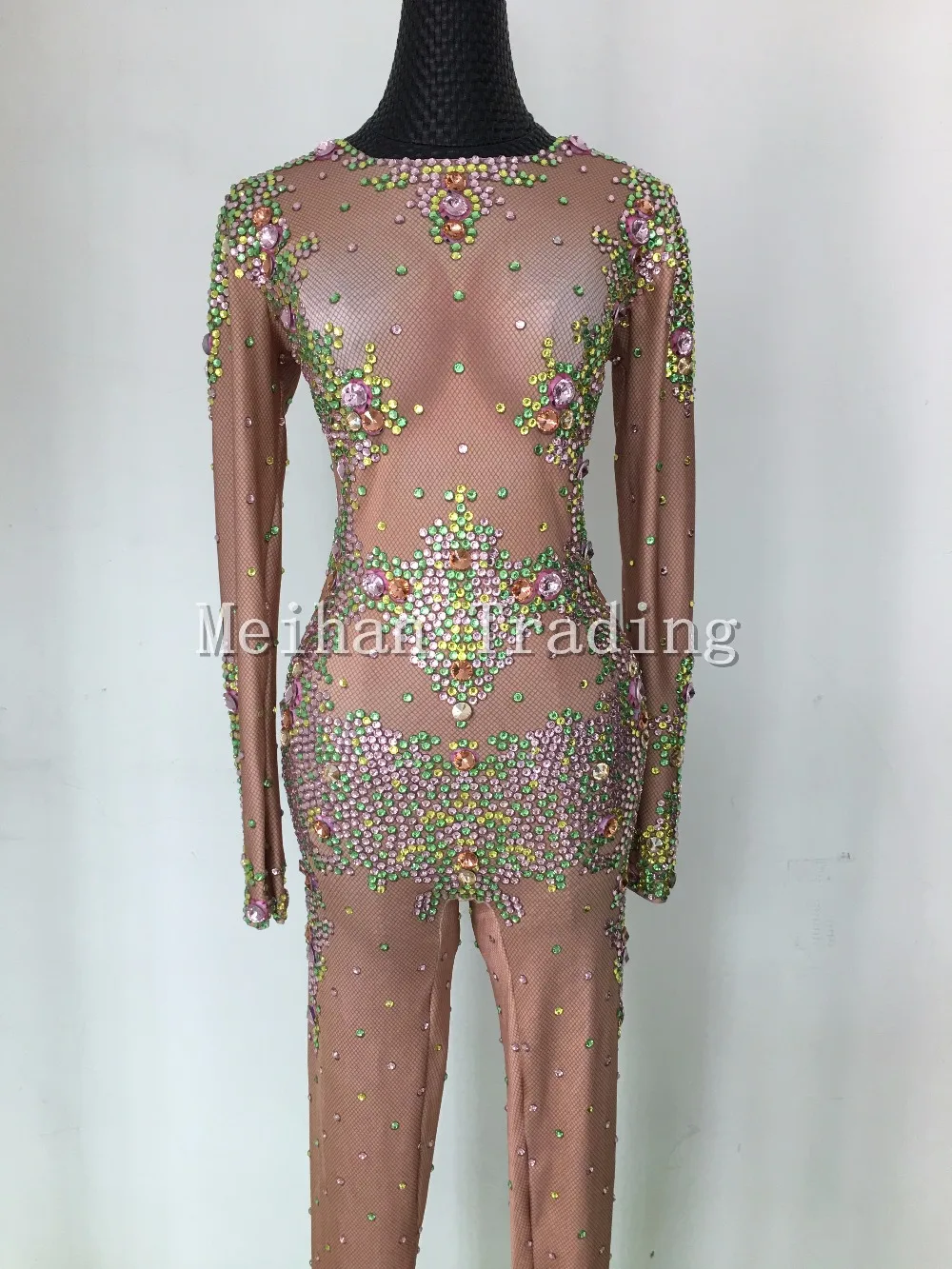 2018 Terbaru Telanjang Colorful Rhinestones Bodysuit Klub Malam Dansa Pakaian Celana Kodok Panjang Lengan Bodysuit Kostum Wanita Pakaian Pesta