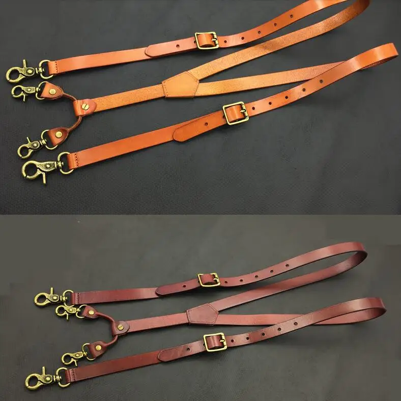 Genuine Leather Suspenders Men 1.9Cm Width 132cm Long 4 Hook Slender Vintage Thin Straps Young