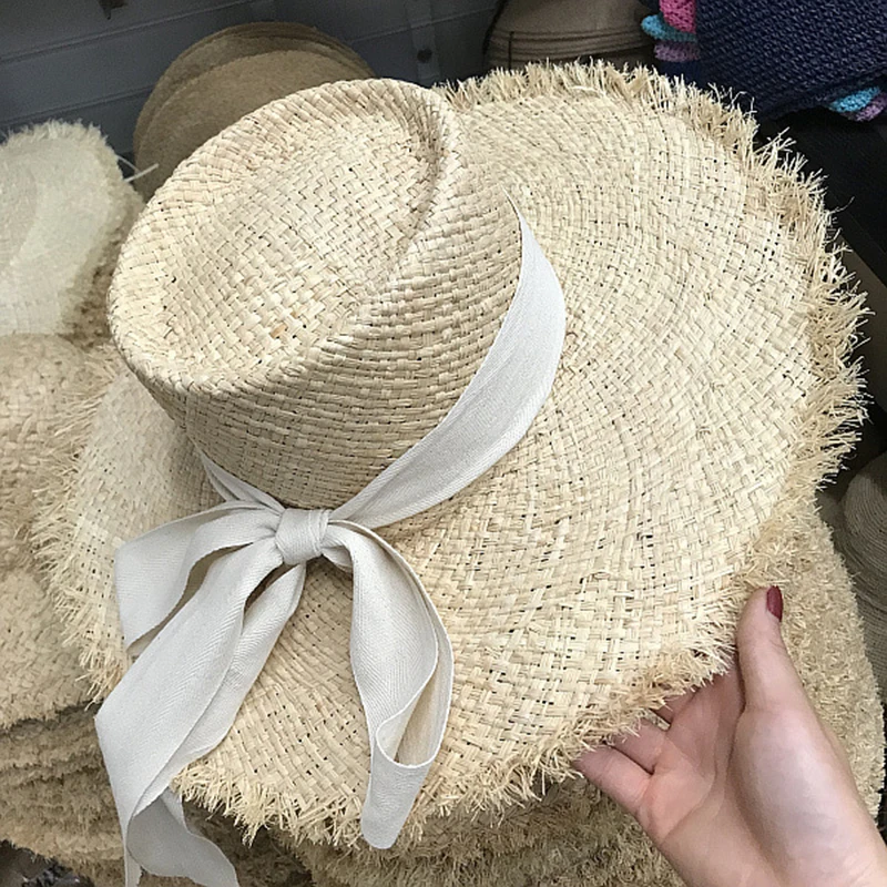 Natural Women Sun Hat Raffia Long Black Beige Ribbon Tie Sun Beach Hat Ladies Fringed Wide Brim Straw Hat Summer Travel Hat Cap