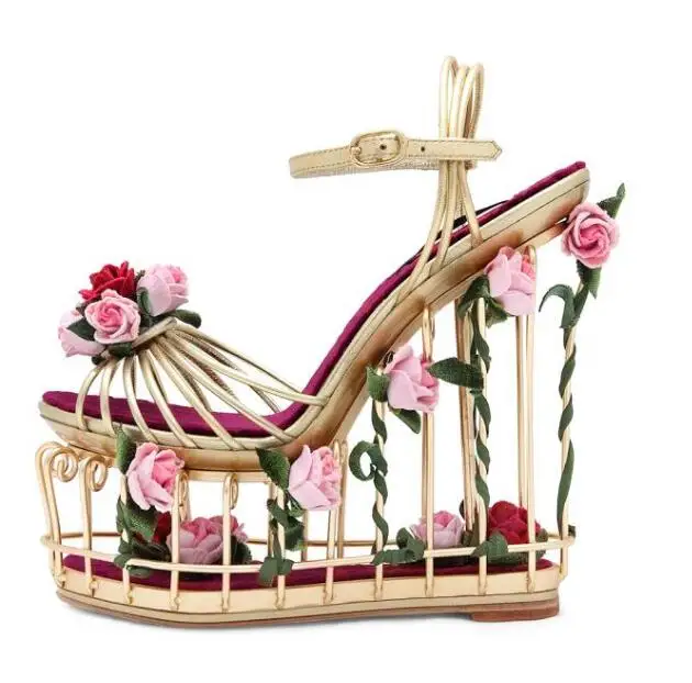 Carole Levy Luxury Caged Style Platform Wedge Sandal for Woman Sexy Open Toe Rose Flower Ankle Strap Wedding Shoes Dress Heels