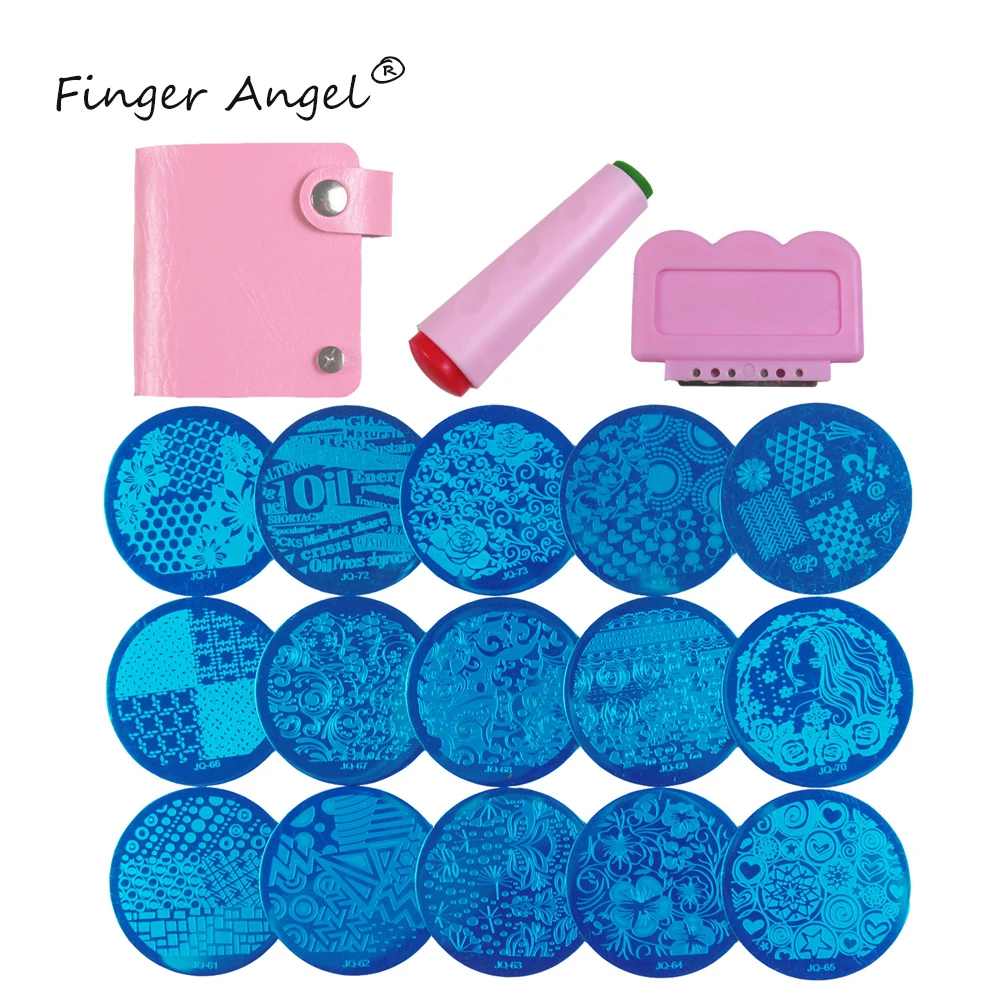 Finger Angel 15 Pcs Nail Art Plates Stamping Templates +1 Pcs Pink Stamping Case+1 Pcs Stamper&Scraper Manicure Tools Set W049