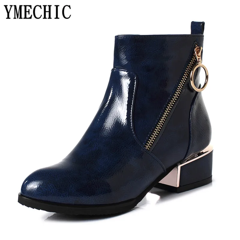 YMECHIC Fashion Pu Patent Leather Ankle Booties 2023 Woman Blue Black Wine Red Zipper Medium Chunky Heels Ladies Shoes Plus Size