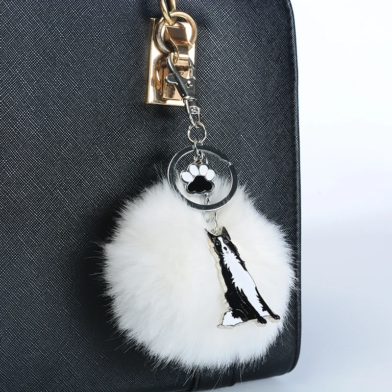 Rabbit Fur Pompom Border Collie Key Chains For Women Men Alloy Pom Pom Ball Dog Pendant Bag Charm Keyring Car Keychain Key Ring