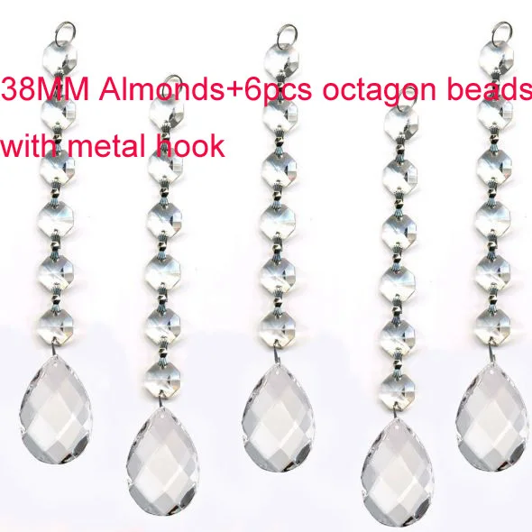 

38mm Almonds Pendant + 6pcs Octagon Beads with Metal Hook for Crystal Trimming Pendant Garland Curtain Home Wedding Decoration