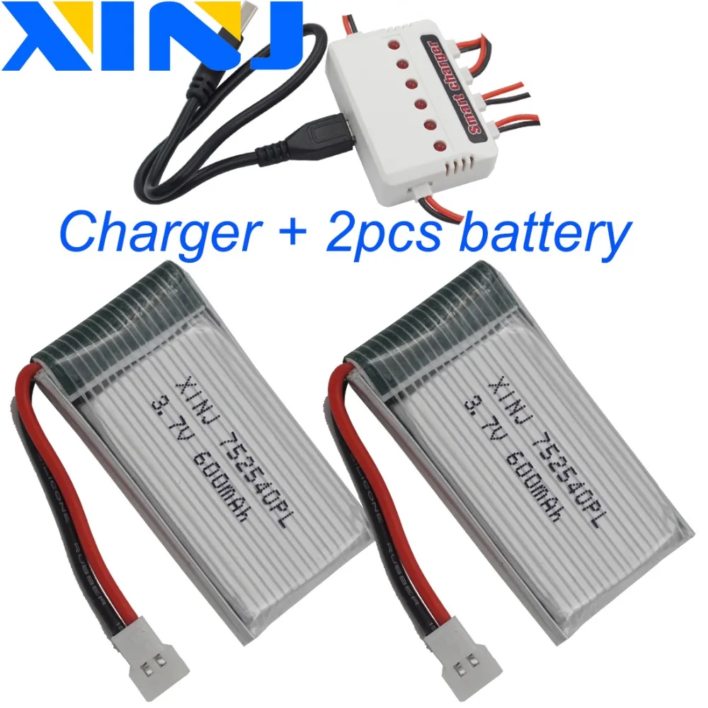 Charger+2pcs 3.7V 600 mAh 25C Polymer Lipo Li Battery 752540 XH254mm Connector For Syma X5C X5SC TK M80 RC Quadcopter Drone