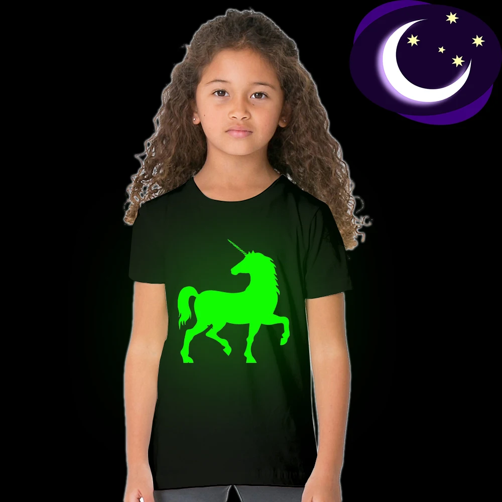 Unicorn Glow In Dark Kids T Shirt Luminous Children Summer Tshirt Toddler Girl T-shirt 2 3 4 5 6 7 8 9 10 11 12 Years 49D2 49D3