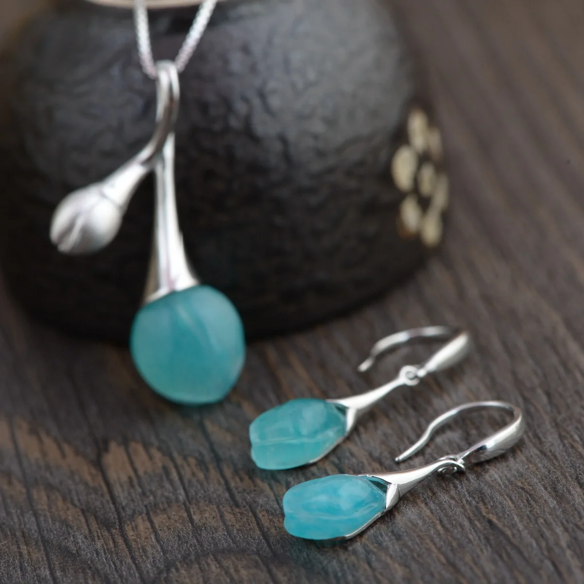 S925 silver inlaid amazonite pendants contracted female paragraph earrings silver wholesale