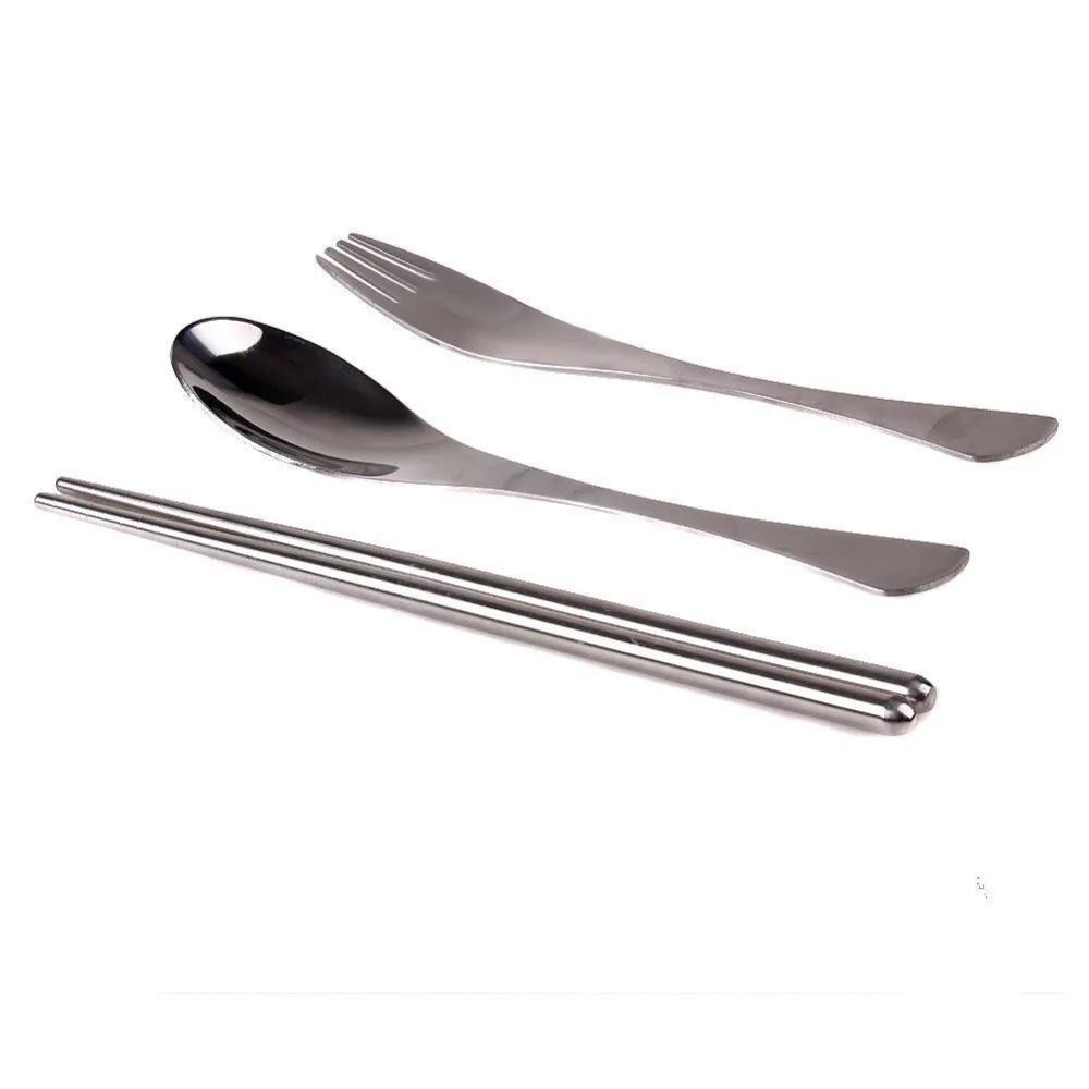 3 pcs/set New Stainless Steel Fork Spoon Chopsticks Cutlery Reusable Outdoor Camping Portable Bag Picnic Tableware Dinnerware