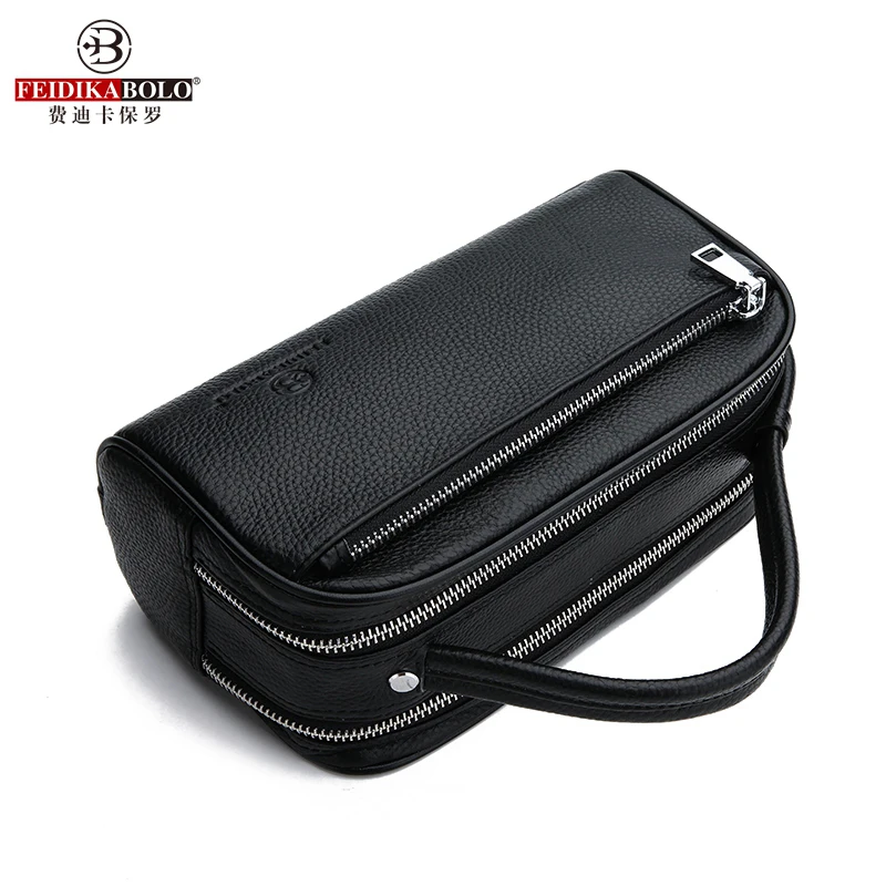 Hot Selling Genuine Cow Leather Men Clutch Bag Double Zipper Men\'s Clutch Fashion Cowhide Business Men Purse Male Mobile Wallets