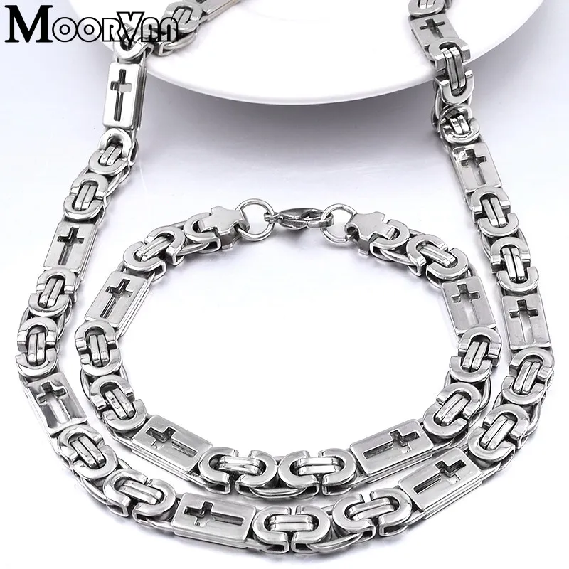 Moorvan unique flat byzantine necklace/bracelet (55cm+22cm) men chain link cross jewelry set VBD028