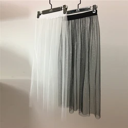 Summer Women Mesh Midi Skirt Korean Ladies Casual Sexy Vintage Elegant Transparent High Waist Tulle Lace Black White Long Skirt
