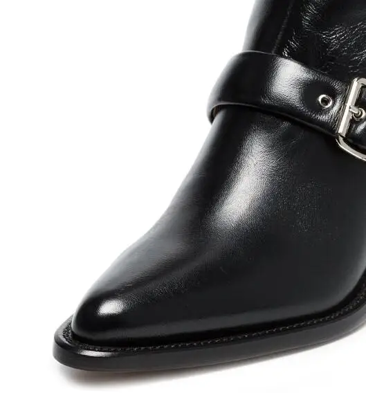 Winter New Fashion Women Solid Black Pointed Toe Buckle Rough Heels Zip Side Over The Knee Slim Thigh Long Leather Boots