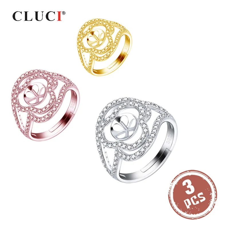 CLUCI 3pcs 925 Sterling Silver Rose Gold Ring for Women Silver 925 Pearl Ring Mounting Adjustable Flower Ring SR2006SB