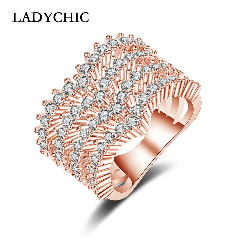 

LADYCHIC 2018 Luxury Women Rose/White Gold Color Ring with 60 Pieces AAA Cubic Zirconia Multi-layer Design Ring Jewelry LR1055