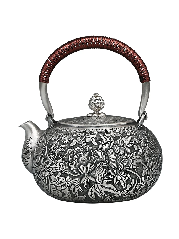 pure silver Kung Fu tea set, manual production pure silver 999 do old burn water kettle mention beam pot, office gift collection