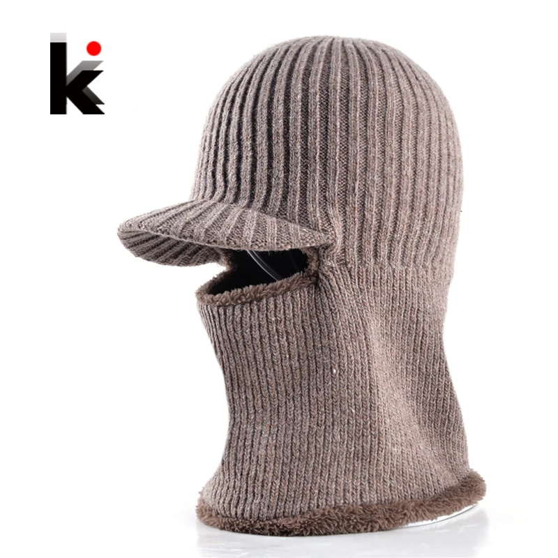 

Dad hat winter skullies knitted wool baseball cap two kinds of wearing thicker bonnet beanies for men face mask motorcycle