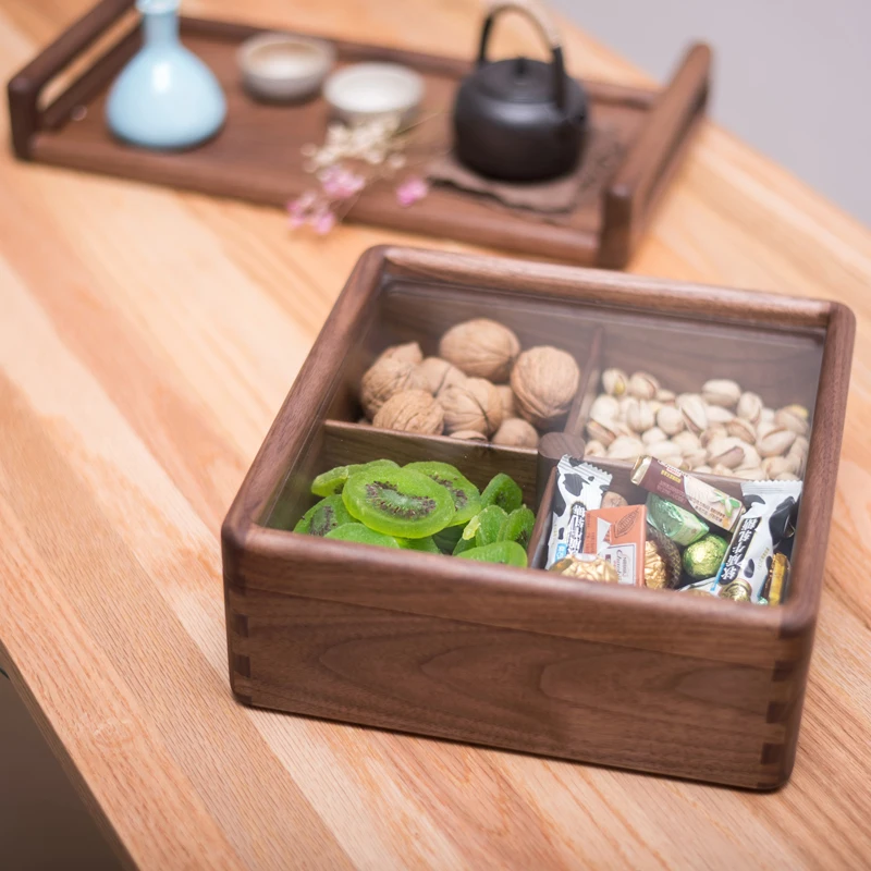 Durable Solid Wood Food Storage Box For Snacks Nuts Candy Beens Dry Fruit Anti-dust Natural Wooden 4 Divided Tray With Cover