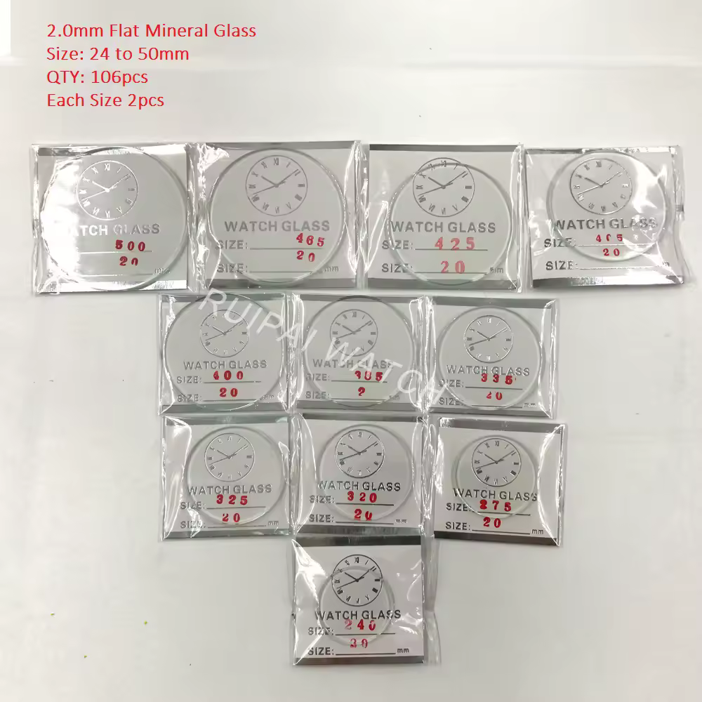 סיטונאי 106pcs 2.0MM עבה שטוח מינרלים שעון זכוכית בחר גודל מ 24mm כדי 50mm לשענים ותיקון