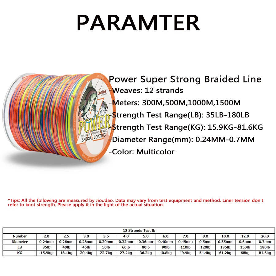 Power 12 Strands Braided Fishing Line 300m 500m 1000m 1500m Super Strong Japan Multifilament Multicolor PE Braid Line 35LB-180LB