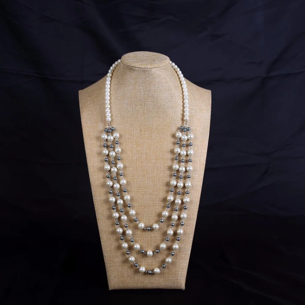 

Long pearl necklace, multi-layer pearl necklace, grey and white alternating pearl necklace, handmade pearl neckl