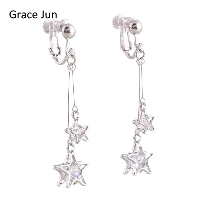 Grace Jun  New Arrival CZ Double Five-pointed Star Clip on Earrings No Pierced for Women Elegant Bridal Earrings Not Allergy