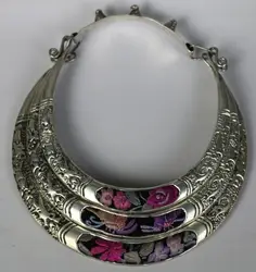 Tribal chinese minority people's old hand embroidery miao silver 3rings necklace