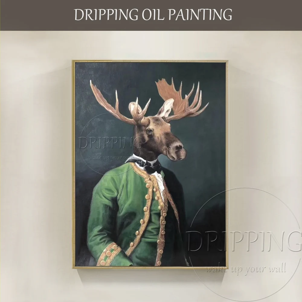 Artist Hand-painted High Quality Realist Reindeer Portrait Oil Painting on Canvas Special Animal Deer Wearing Cloth Oil Painting