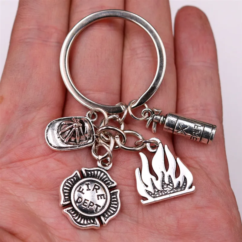 1pc Professional Fireman Hat/ Fire Extinguisher/ Flame/ Keyring DIY Jewelry Crafts Fire Alarm Badge Keychain K1841