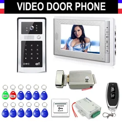 Sistema de intercomunicación con cable para puerta, videoportero con teclado de código RFID, cámara, Control remoto, cerradura electrónica y salida, 7 pulgadas