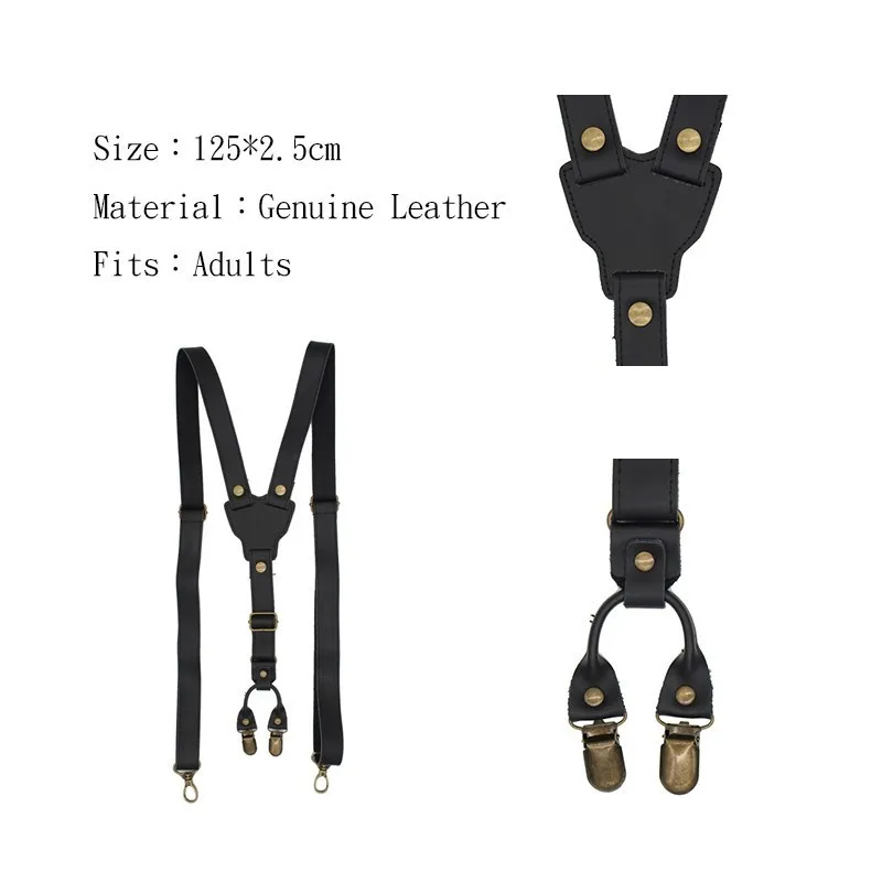 2.5cm real retro cowhide black leather strap Women men suspenders belt adjustable bronze buckle braces groom Y-Shaped shirt