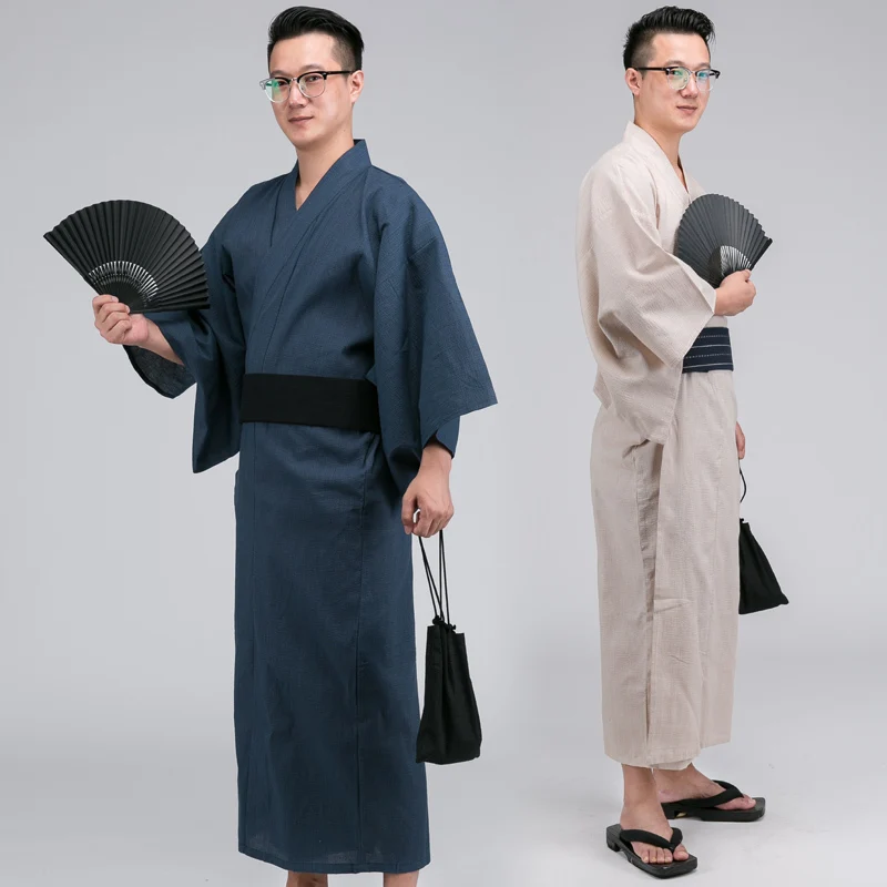 Male Traditional Japan Kimono Bathrobes Mens Cotton Robe Yukata Men Bath Robe Summer Sleepwear with Belt and fan A52601