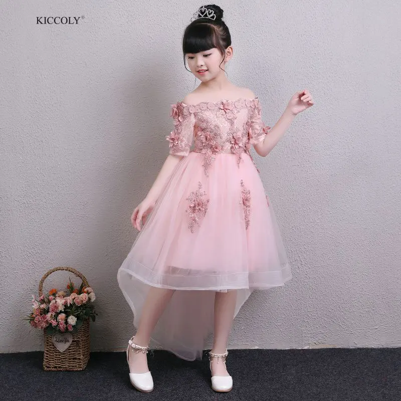 

KICCOLY Custom Pink Lace Bead Tulle First Communion Dresses For Girls Half Sleeve Ball Gown Flower Girl Wedding Dress 1-14Y