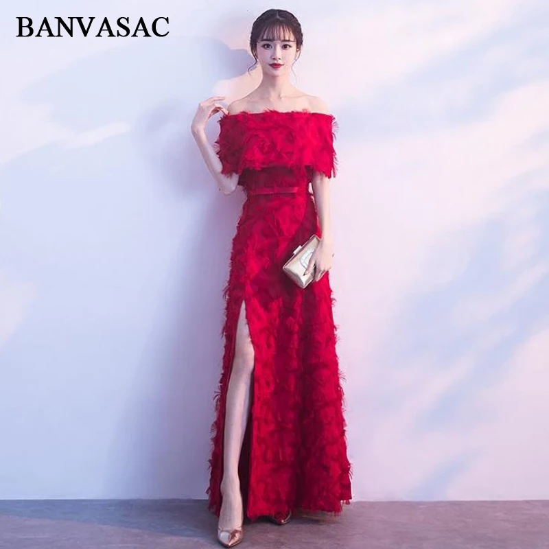 

BANVASAC 2018 Feathers Boat Neck Lace Split A Line Long Evening Dresses Vintage Half Sleeve Bow Sash Party Prom Gowns