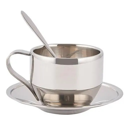 New 120ml high quality stainless steel coffee cup saucer and spoon set stainless steel double wall coffee mug