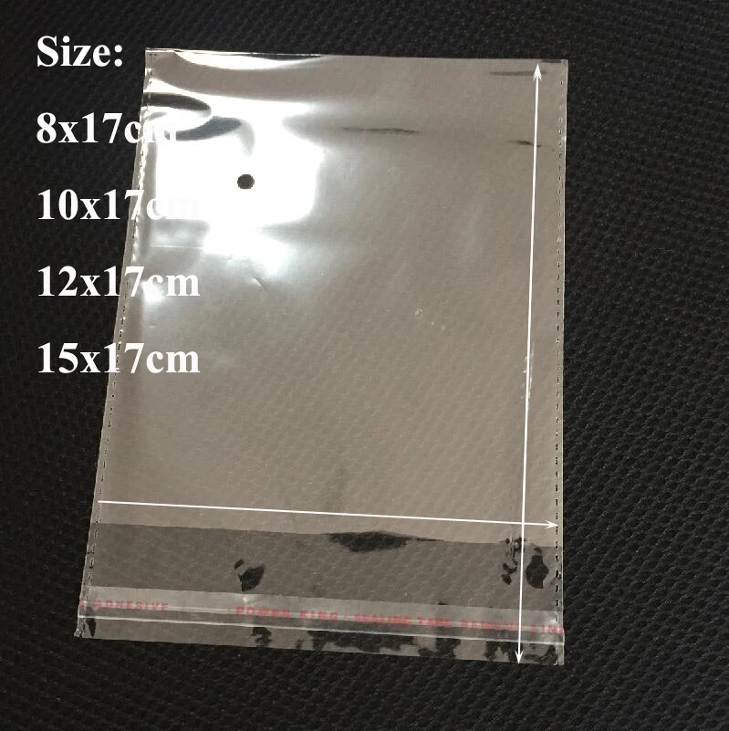 

400pcs/lot 8x17 10x17 12x17 15x17cm Clear Self-adhesive OPP Bag With Holes DIY Jewelry Candy Pouches Plastic Packaging Bags