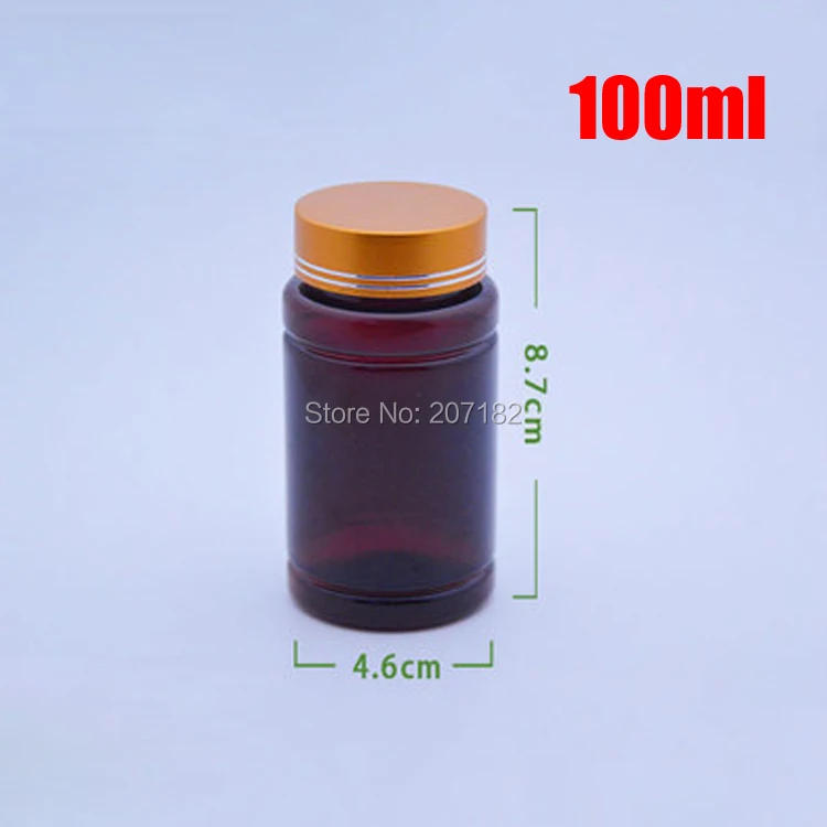 Bouteilles en PET ambre de 100ml, Capsules/pilules/poudre/vitamines, bouteilles en plastique pour médicaments, bouchons métalliques à vis or/argent, 20 pièces