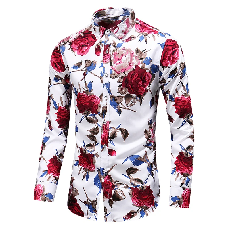 2023 Autumn Men Slim Floral Print Long Sleeve Shirts Fashion Brand Party Holiday Casual Dress Flower Shirt Homme Plus Size 7XL