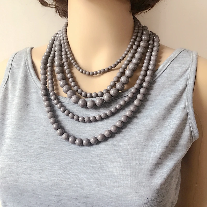 New Statement Chunky Five Layers Acrylic Marble Beads Collar Necklace 3 Colors For Women