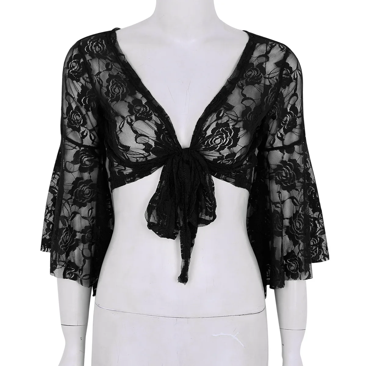 Chaqueta corta de manga larga acampanada para mujer, Bolero elegante de encaje blanco y negro para fiesta de boda, Bolero Formal de noche para graduación