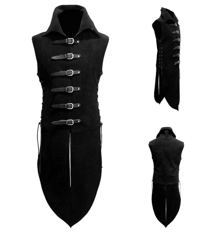 Men Middle Age Renaissance Knight Solider Armor  Vest Medieval Landlord High Neck Top Shirt Leather Button Costume