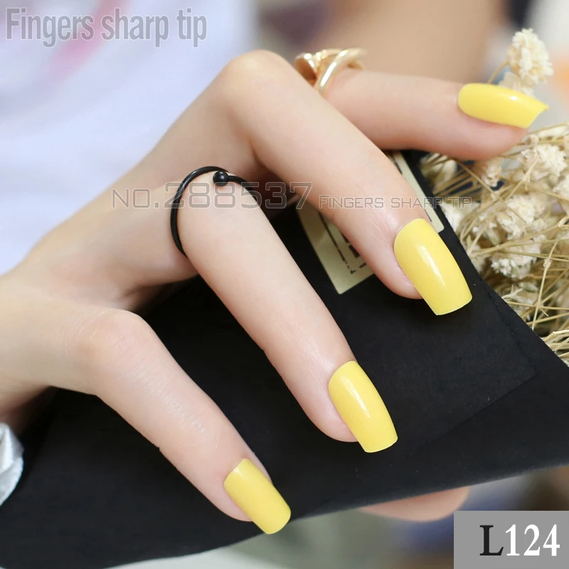 24pcs New popular rectangular section Candy color solid color long sectionsquare head false nails Lemon yellow R27 L124