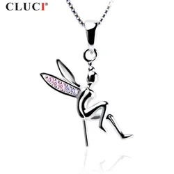 CLUCI  925 Sterling Silver Lovely Fairy Pearl Pendant Pink and White CZ For Girls Necklace Jewelry,can stick 6-7mm pearl SP304SB