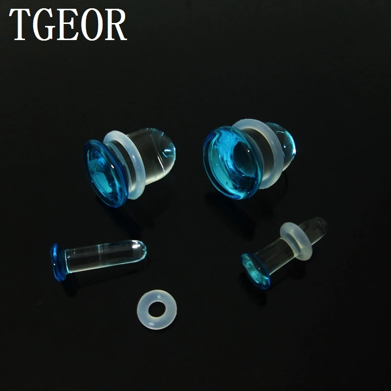 Retail 1 Pair mixed 9 gauges saddle Natural glass single saddle with rubber ear expander organic glass ear plug free shipping